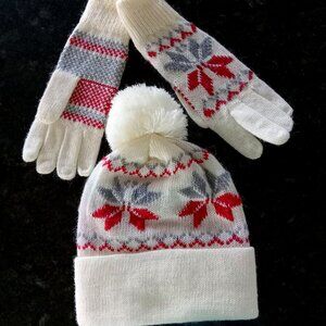 NEW WITHOUT TAGS: Cream Color Beanie & Gloves with Gray & Red Snowflakes